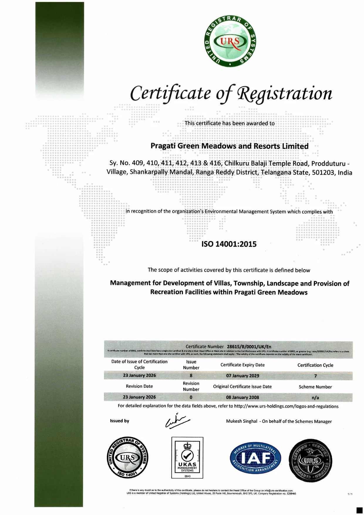 Pragati Green Meadows and Resorts Limited ISO 14001 Certificate
