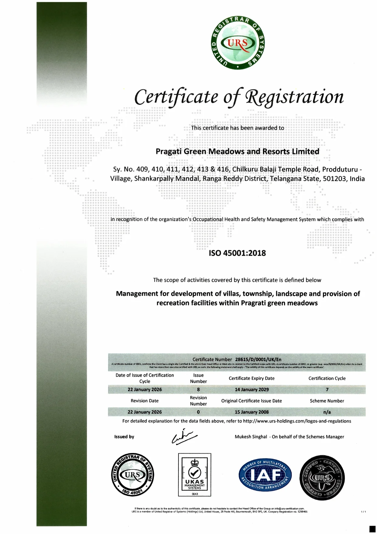 Pragati Green Meadows and Resorts Limited ISO 45001 Certificate