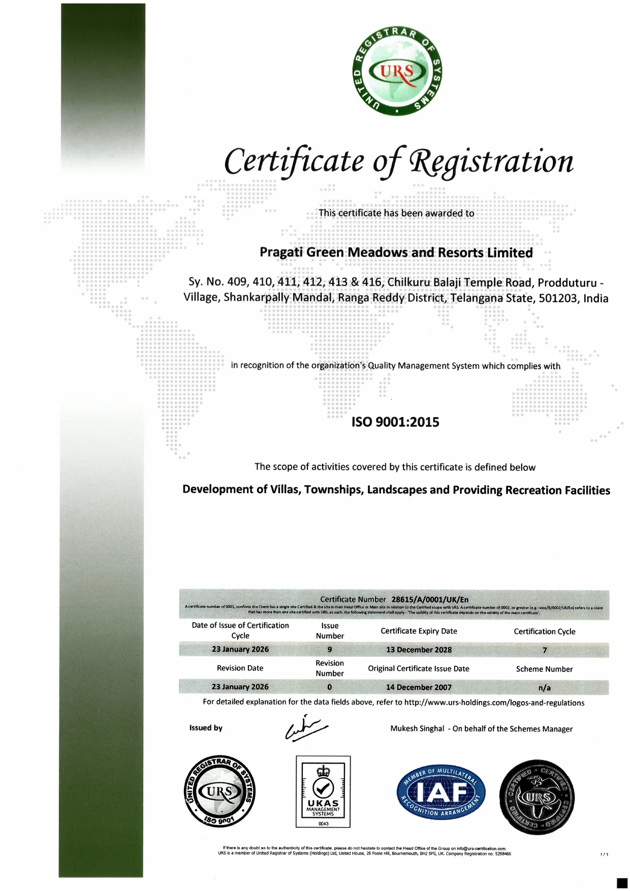 Pragati Green Meadows and Resorts Limited ISO 9001 Certification